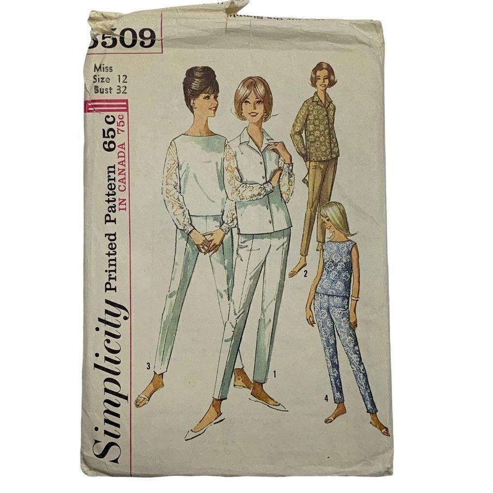 Vintage 60s Simplicity 5509 Pattern Junior Misses 9-18 Mod Blouse Top Pant Uncut